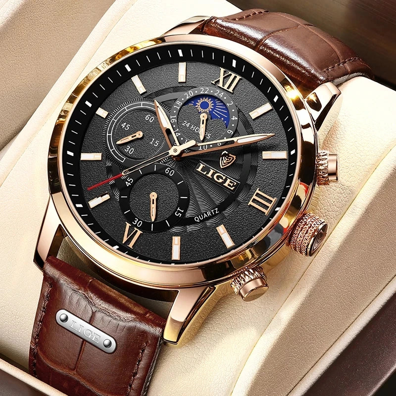 LIGE Luxury Men's Watch – Waterproof Leather Quartz Chronograph, Sport & Business Casual Timepiece