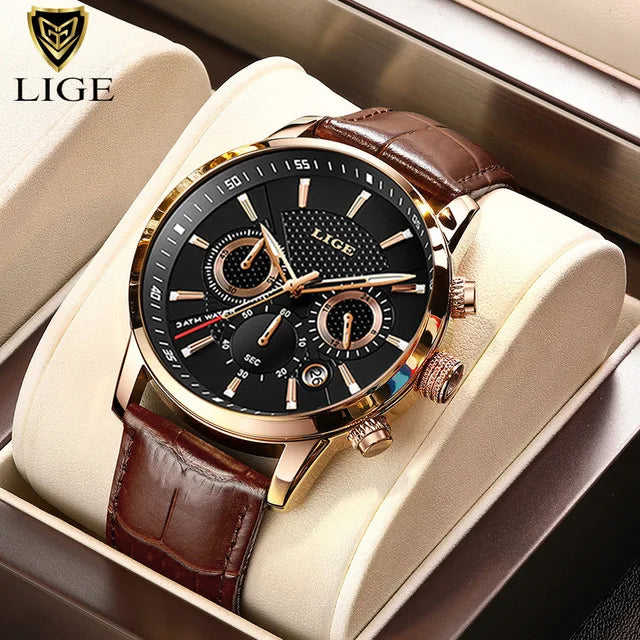 LIGE Luxury Men's Watch – Waterproof Leather Quartz Chronograph, Sport & Business Casual Timepiece