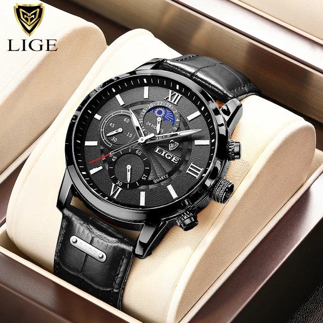 LIGE Luxury Men's Watch – Waterproof Leather Quartz Chronograph, Sport & Business Casual Timepiece