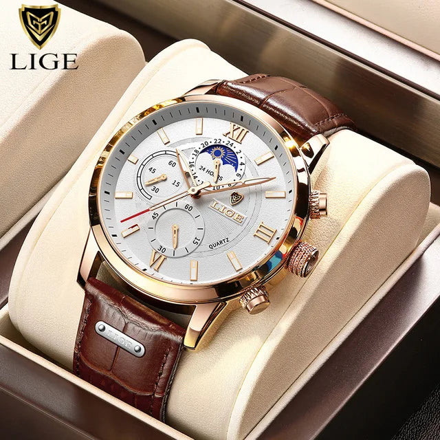 LIGE Luxury Men's Watch – Waterproof Leather Quartz Chronograph, Sport & Business Casual Timepiece