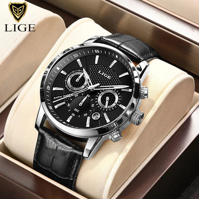 LIGE Luxury Men's Watch – Waterproof Leather Quartz Chronograph, Sport & Business Casual Timepiece