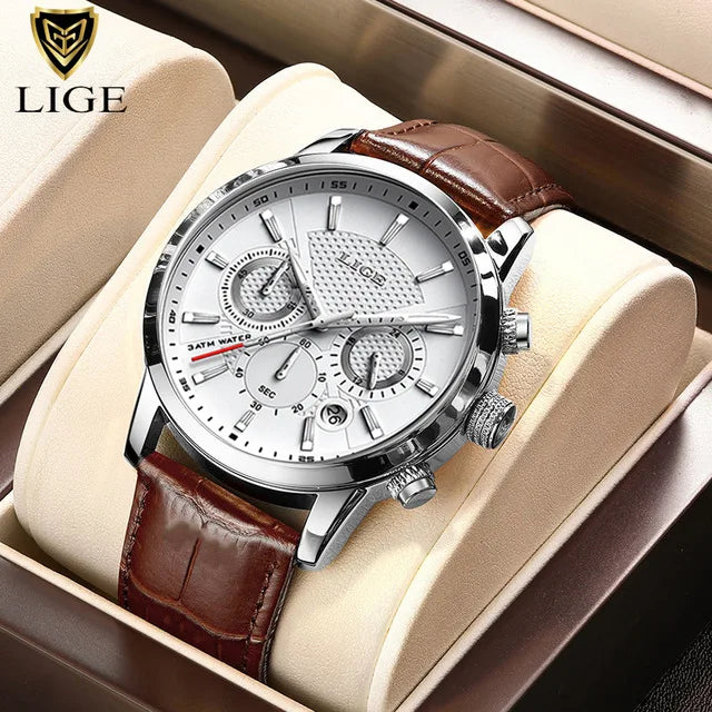 LIGE Luxury Men's Watch – Waterproof Leather Quartz Chronograph, Sport & Business Casual Timepiece