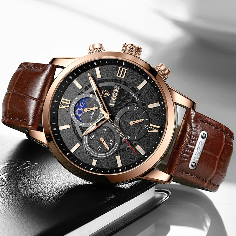 LIGE Luxury Men's Watch – Waterproof Leather Quartz Chronograph, Sport & Business Casual Timepiece