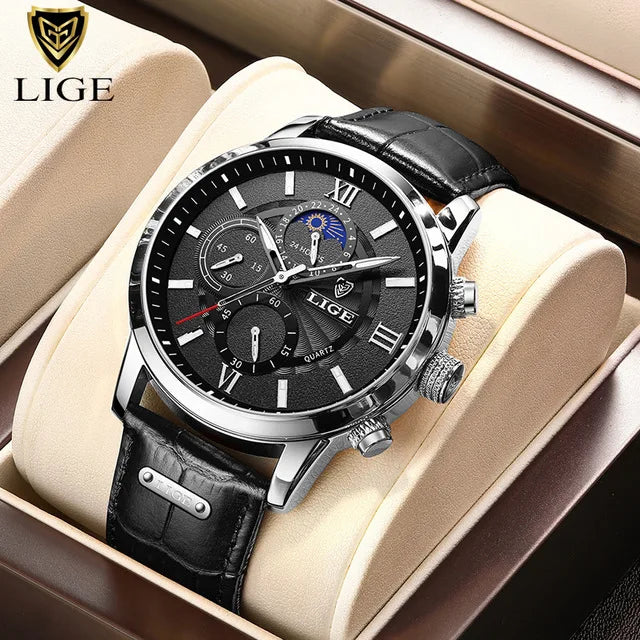 LIGE Luxury Men's Watch – Waterproof Leather Quartz Chronograph, Sport & Business Casual Timepiece