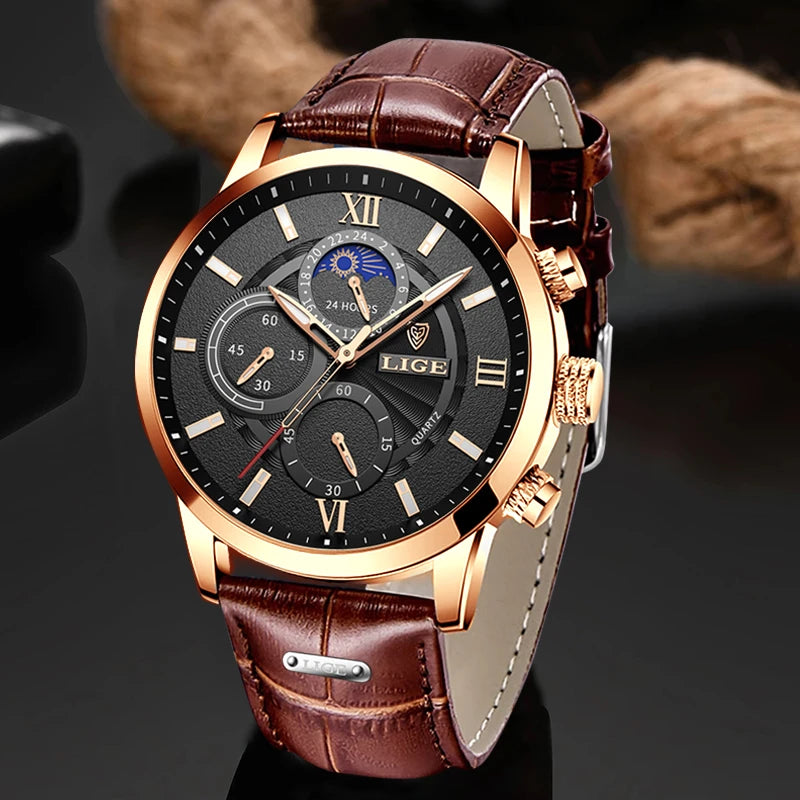 LIGE Luxury Men's Watch – Waterproof Leather Quartz Chronograph, Sport & Business Casual Timepiece