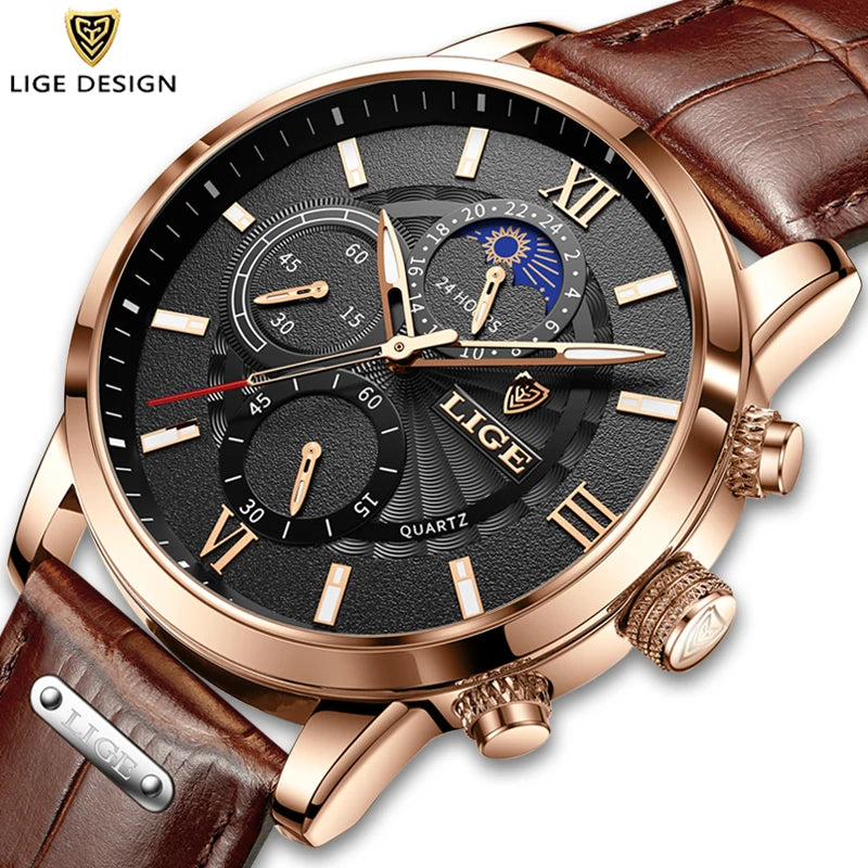 LIGE Luxury Men's Watch – Waterproof Leather Quartz Chronograph, Sport & Business Casual Timepiece