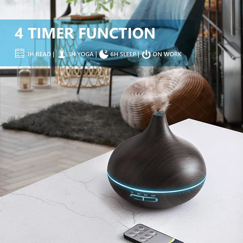 550ML WOOD GRAIN USB AROMA DIFFUSER – ESSENTIAL OIL HUMIDIFIER WITH LED LIGHTS & REMOTE CONTROL