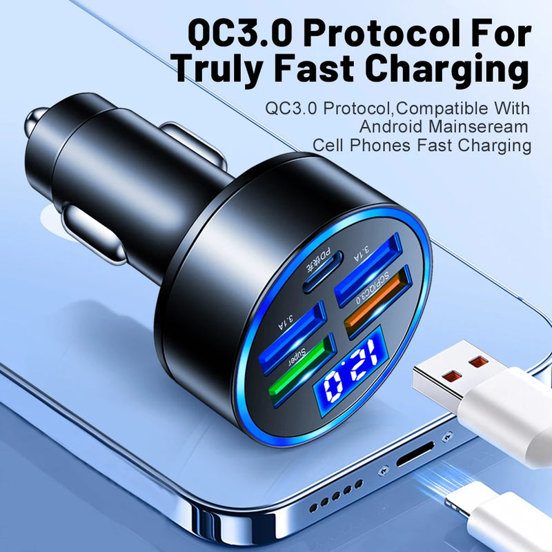 250W PD USB Car Charger – Fast Charging Adapter for iPhone, Xiaomi, Huawei, Samsung, and More