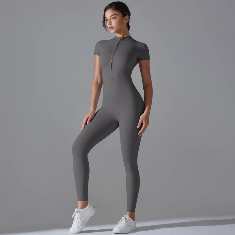 Women's One-Piece Yoga Jumpsuit | Short Sleeve Zipper Bodysuit | Gym Push-Up Fitness Tracksuit