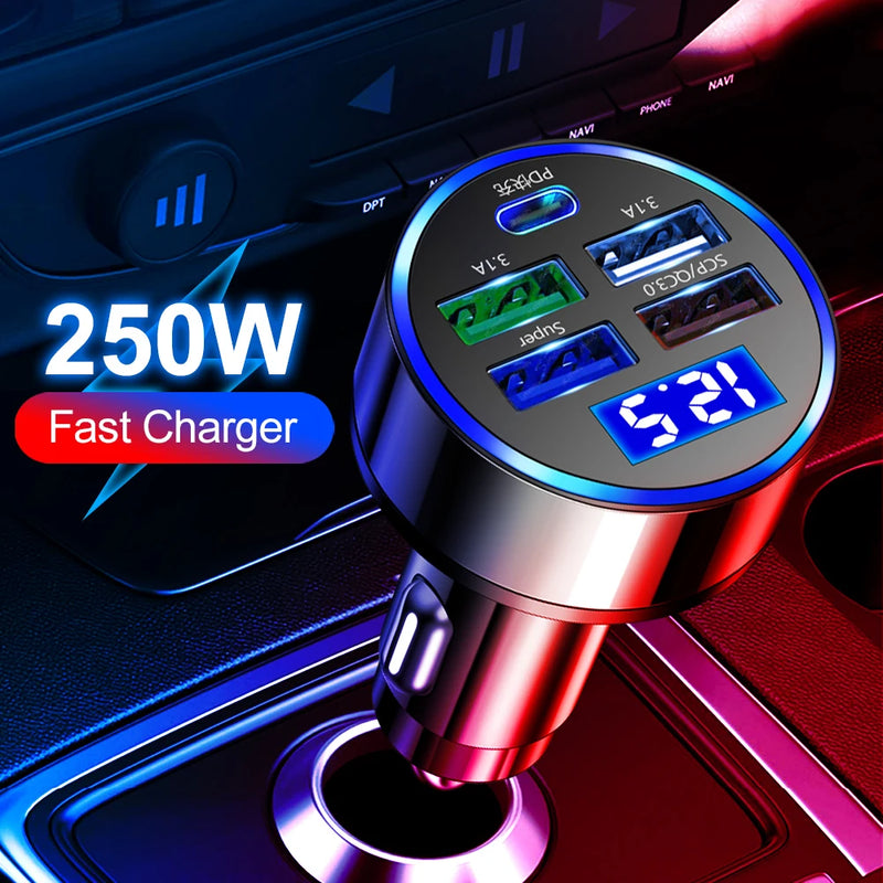 250W PD USB Car Charger – Fast Charging Adapter for iPhone, Xiaomi, Huawei, Samsung, and More