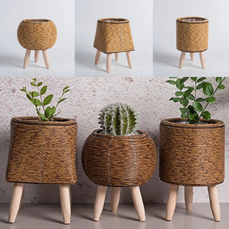 Nordic Style Imitation Rattan Flower Pot – Hand-Woven Planter Stand, Garden Décor & Home Storage Basket