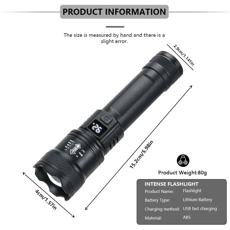 HIGH-POWER LED FLASHLIGHT – 2000LM TACTICAL TORCH WITH DISPLAY LIGHT, USB RECHARGEABLE & ZOOM FUNCTION