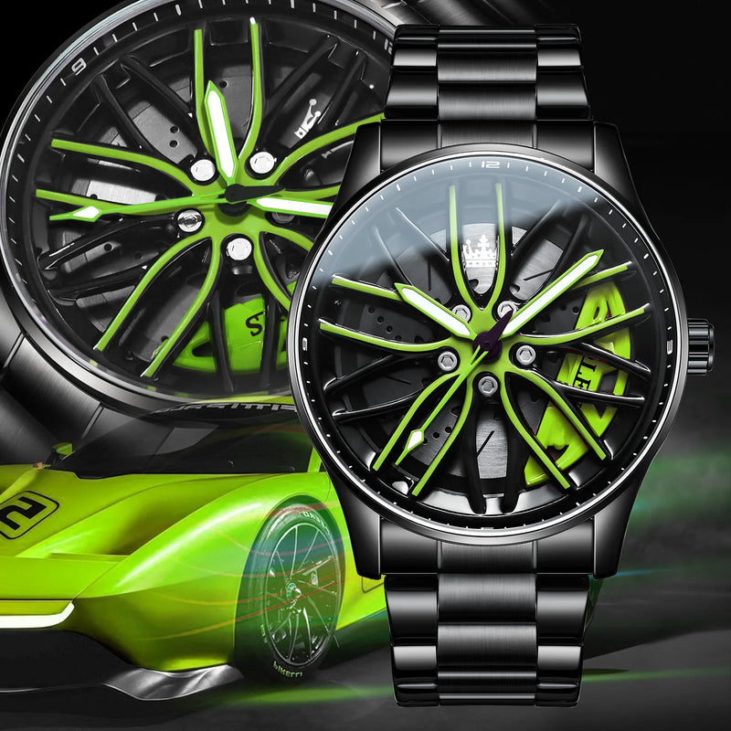 OLEVS Luxury Men's Watch – Sporty Wheel Design, Waterproof, Luminous Hands, Quartz Movement