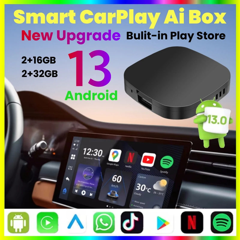 Smart CarPlay AI Box – Wireless Android Auto, Android 13, Built-in Play Store for Netflix & YouTube