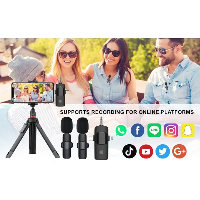 Professional 4-in-1 Wireless Lavalier Microphone for iPhone, Android, 3.5mm Devices, Live Recording