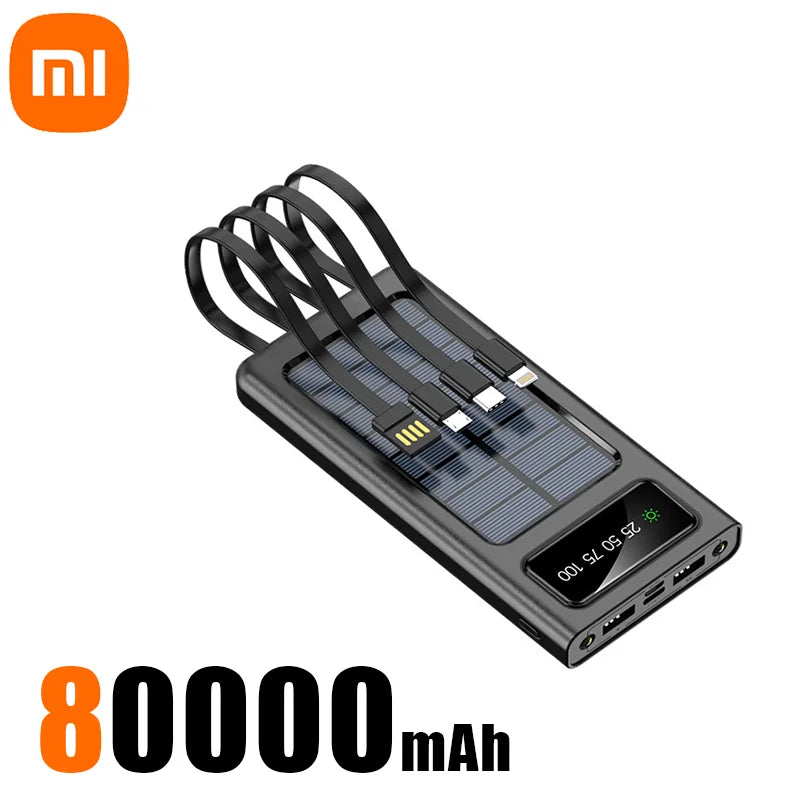 Xiaomi 2000000mAh Solar Power Bank: Built-In Cables, LED Light, Fast Charging for Phones & Devices