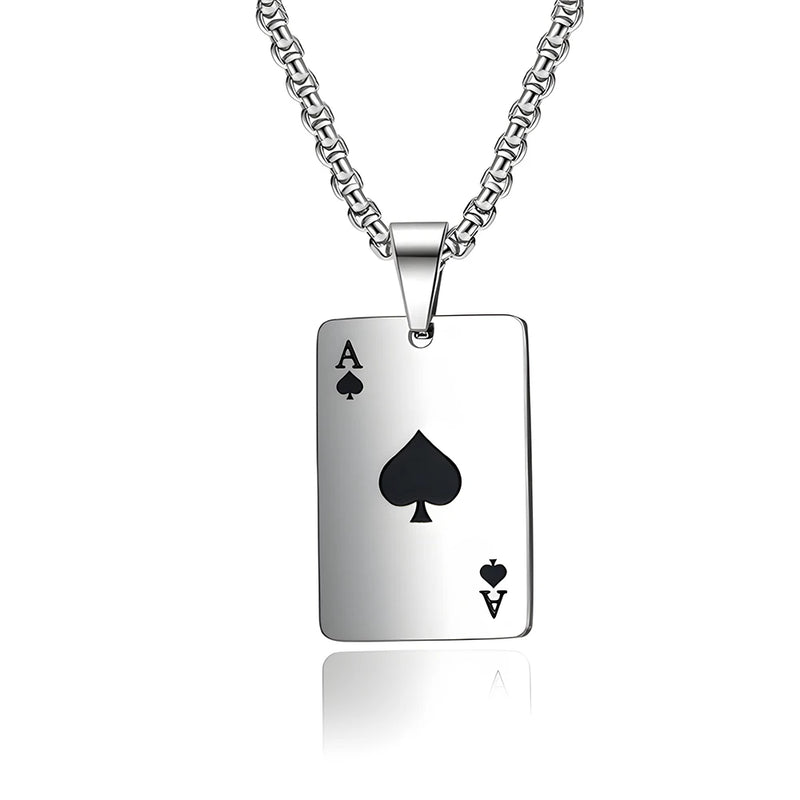 Hip Hop Stainless Steel Poker Card Necklace – Ace of Spades & Hearts Pendant Chain for Men & Women