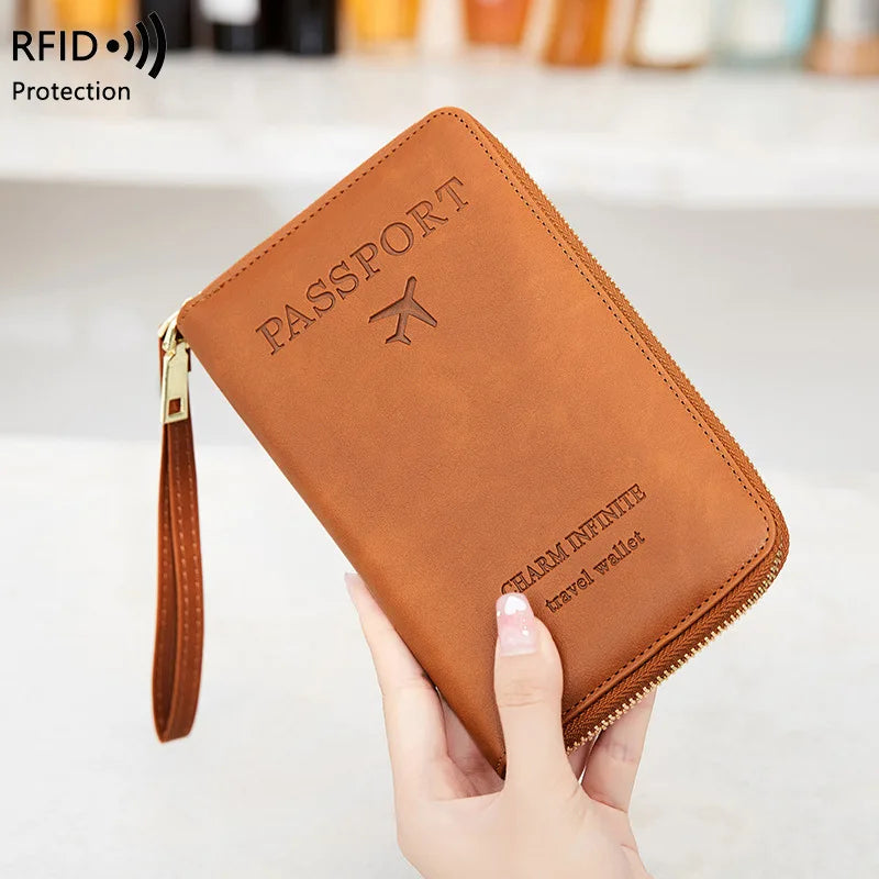 New Leather Passport Cover RFID Blocking Wallet | Travel Essentials Zipper Phone Bag