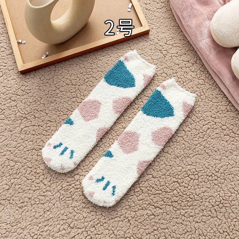 Autumn Winter Coral Velvet Cat Claw Socks – Warm Middle Tube Sleep & Floor Socks for Women Girls