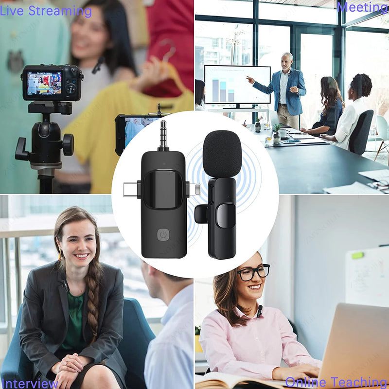 Professional 4-in-1 Wireless Lavalier Microphone for iPhone, Android, 3.5mm Devices, Live Recording