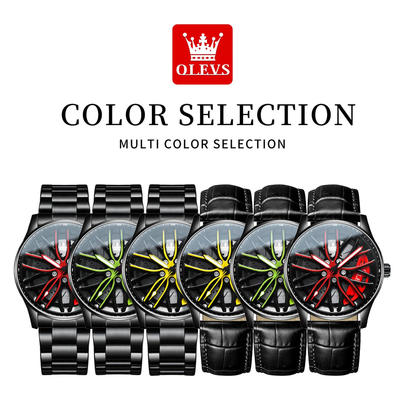 OLEVS Luxury Men's Watch – Sporty Wheel Design, Waterproof, Luminous Hands, Quartz Movement