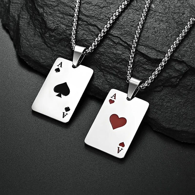 Hip Hop Stainless Steel Poker Card Necklace – Ace of Spades & Hearts Pendant Chain for Men & Women