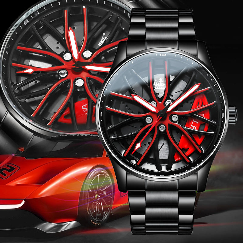 OLEVS Luxury Men's Watch – Sporty Wheel Design, Waterproof, Luminous Hands, Quartz Movement