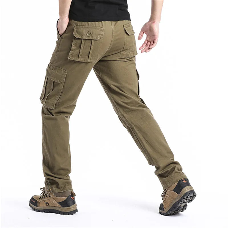 Large Pocket Loose Overalls for Men - Tactical Cotton Cargo Jogging Pants with Elastic Waist