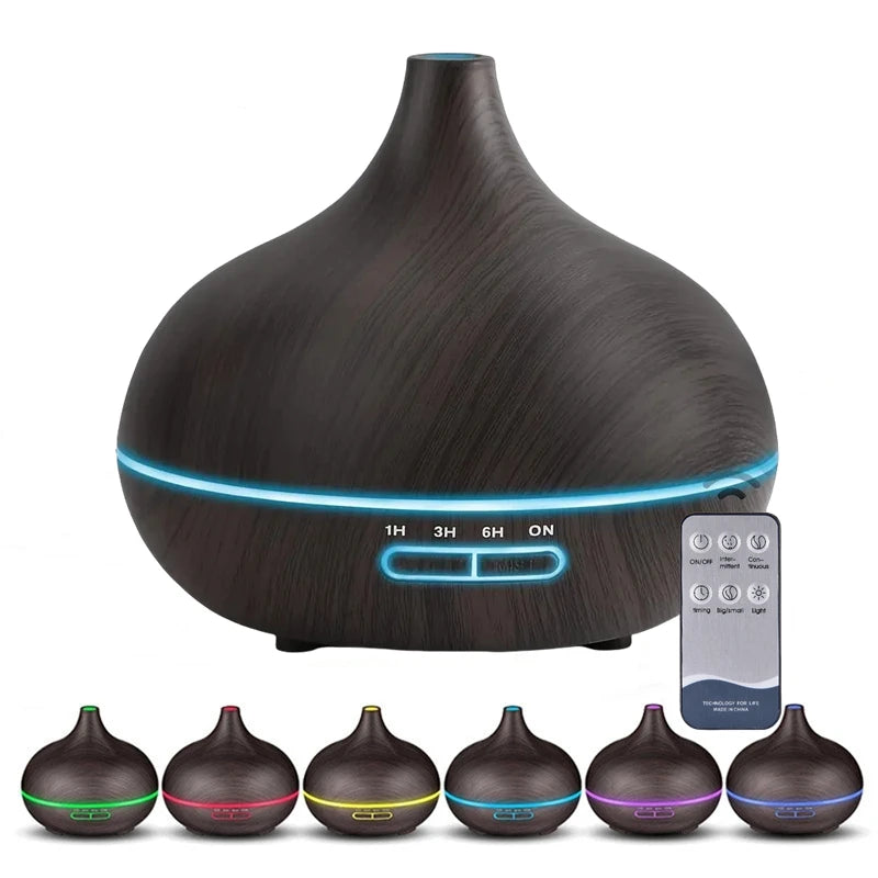 550ML WOOD GRAIN USB AROMA DIFFUSER – ESSENTIAL OIL HUMIDIFIER WITH LED LIGHTS & REMOTE CONTROL