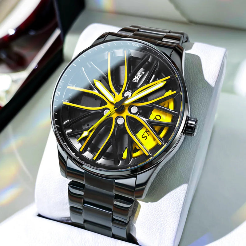 OLEVS Luxury Men's Watch – Sporty Wheel Design, Waterproof, Luminous Hands, Quartz Movement