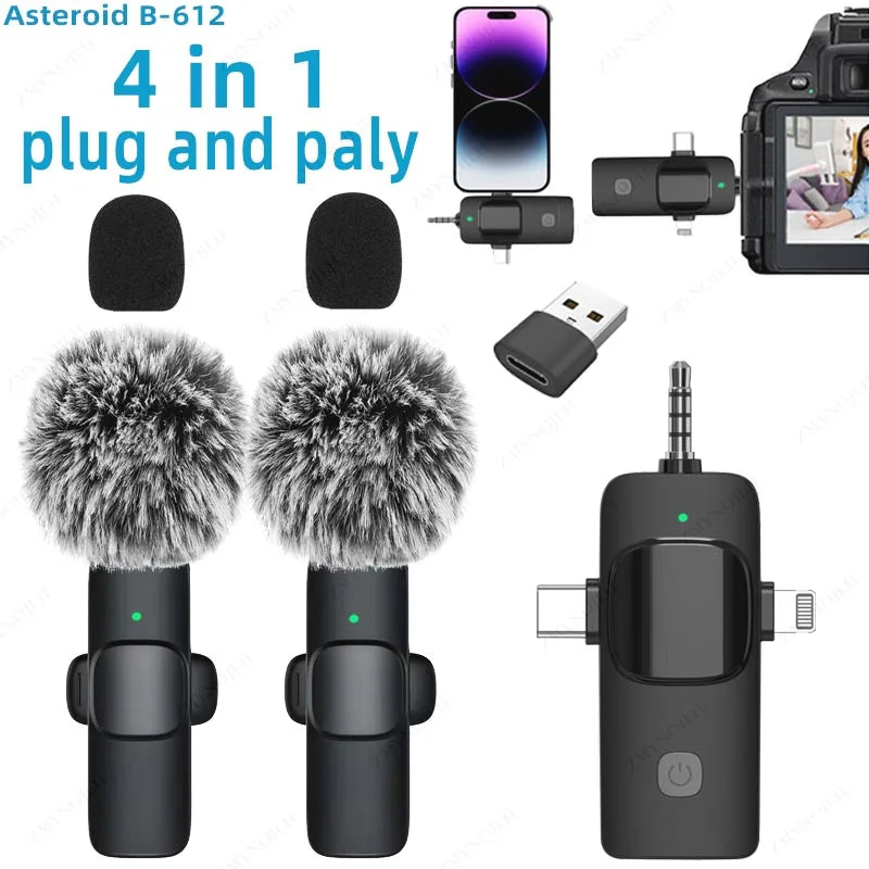 Professional 4-in-1 Wireless Lavalier Microphone for iPhone, Android, 3.5mm Devices, Live Recording