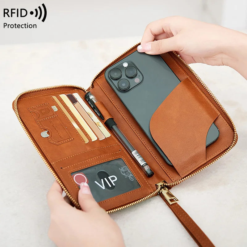 New Leather Passport Cover RFID Blocking Wallet | Travel Essentials Zipper Phone Bag