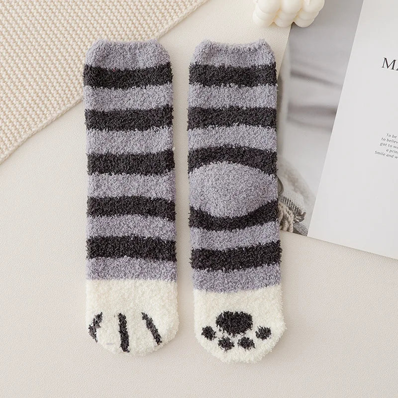 Autumn Winter Coral Velvet Cat Claw Socks – Warm Middle Tube Sleep & Floor Socks for Women Girls