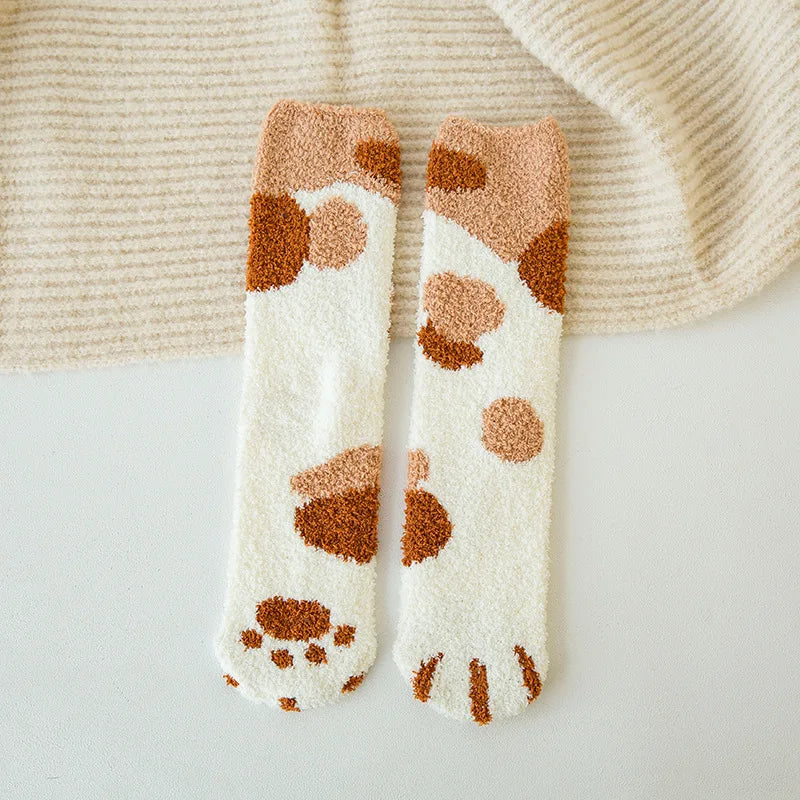 Autumn Winter Coral Velvet Cat Claw Socks – Warm Middle Tube Sleep & Floor Socks for Women Girls