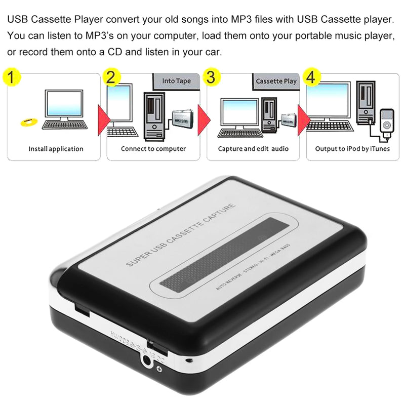 USB Cassette to MP3 Converter – Portable Tape Player with HiFi Sound, Mega Bass & Earphones