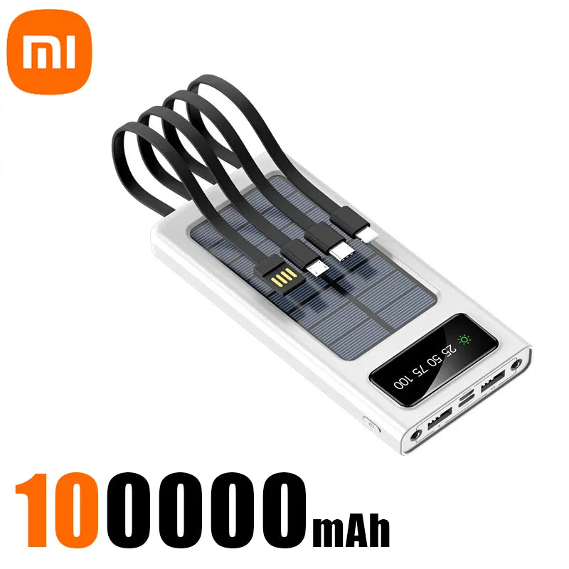 Xiaomi 2000000mAh Solar Power Bank: Built-In Cables, LED Light, Fast Charging for Phones & Devices