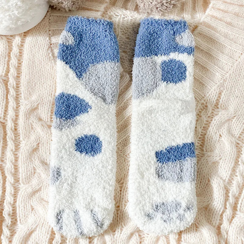 Autumn Winter Coral Velvet Cat Claw Socks – Warm Middle Tube Sleep & Floor Socks for Women Girls