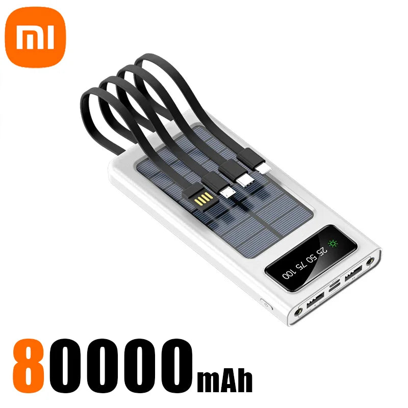 Xiaomi 2000000mAh Solar Power Bank: Built-In Cables, LED Light, Fast Charging for Phones & Devices