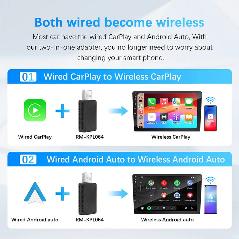 2-in-1 Wireless CarPlay & Android Auto Adapter – Plug & Play USB Converter for OEM Car Stereo