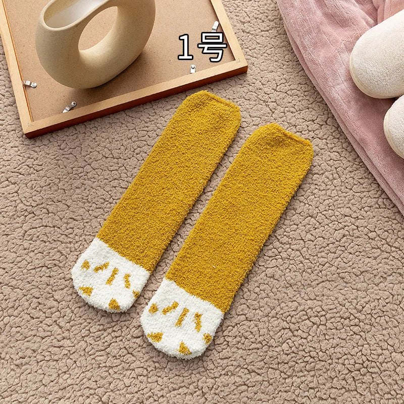 Autumn Winter Coral Velvet Cat Claw Socks – Warm Middle Tube Sleep & Floor Socks for Women Girls