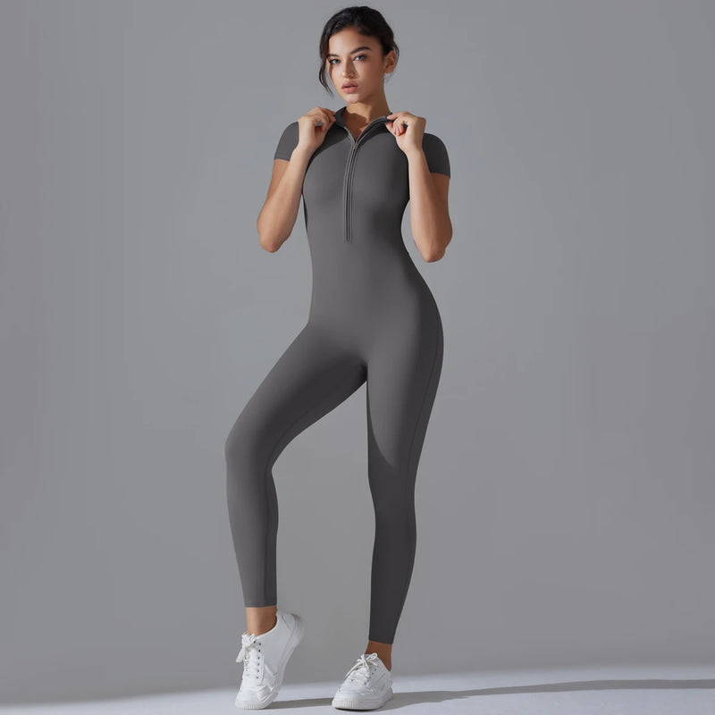 Women's One-Piece Yoga Jumpsuit | Short Sleeve Zipper Bodysuit | Gym Push-Up Fitness Tracksuit