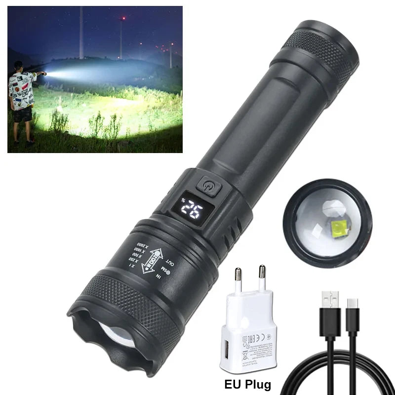 HIGH-POWER LED FLASHLIGHT – 2000LM TACTICAL TORCH WITH DISPLAY LIGHT, USB RECHARGEABLE & ZOOM FUNCTION