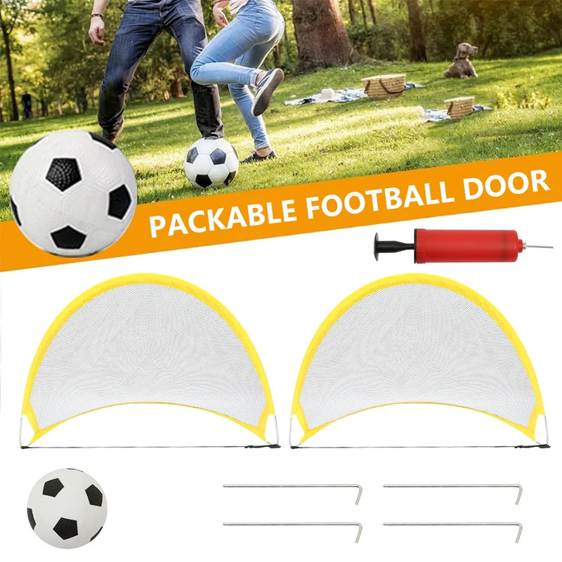 2Pcs Folding Football Goal Net Set with Inflatable Ball & Air Pump – Portable Soccer Training Goals for Kids