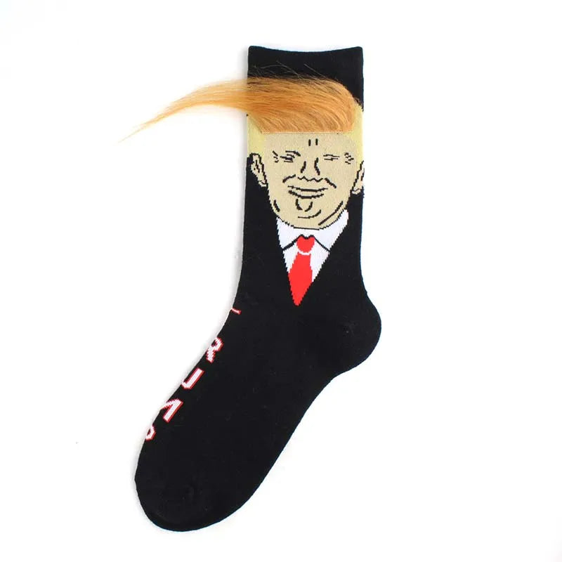 2024 Donald Trump Funny Socks – Spoof Character Crew Socks with 3D Fake Hair for Men & Women