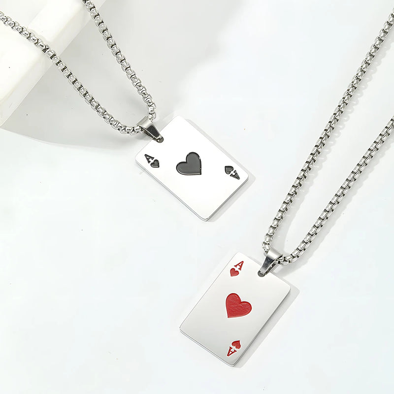 Hip Hop Stainless Steel Poker Card Necklace – Ace of Spades & Hearts Pendant Chain for Men & Women