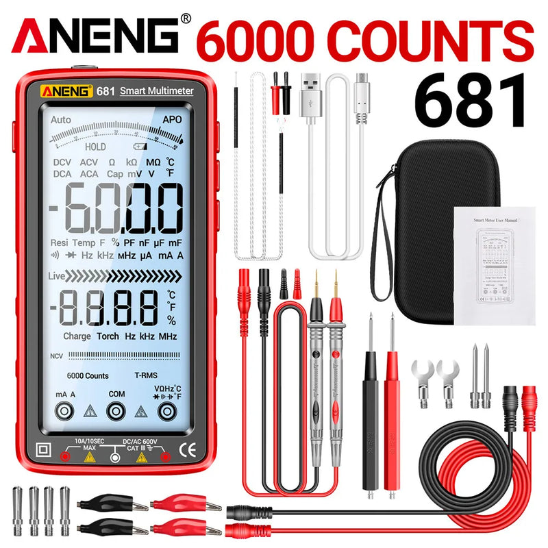 ANENG 681 Rechargeable Digital Multimeter – 6000 Counts, True RMS, Non-Contact Voltage Tester, LCD Display