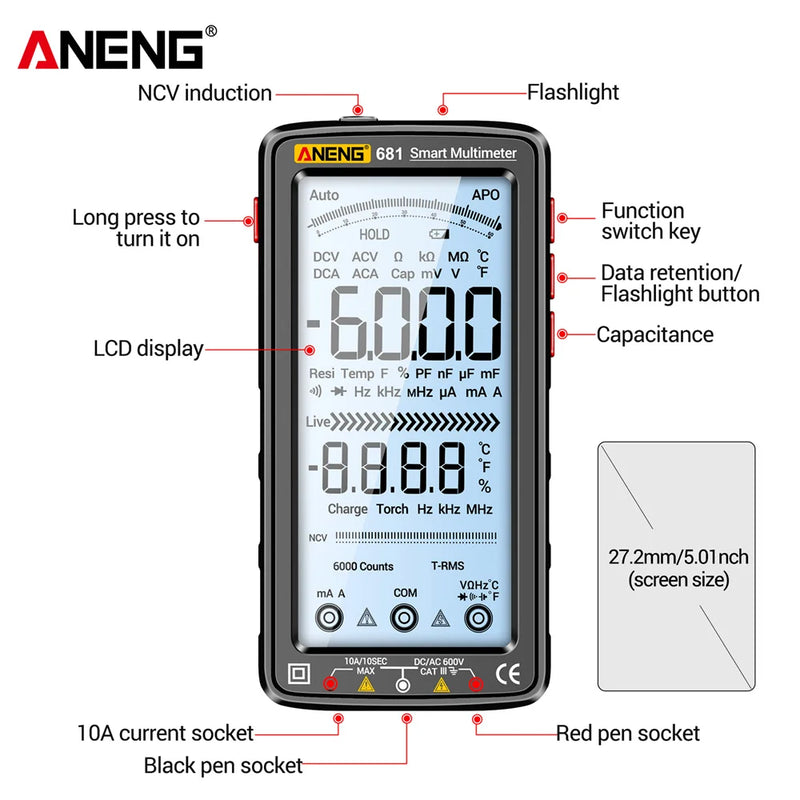 ANENG 681 Rechargeable Digital Multimeter – 6000 Counts, True RMS, Non-Contact Voltage Tester, LCD Display