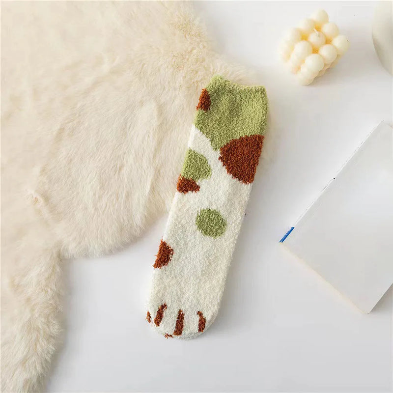 Autumn Winter Coral Velvet Cat Claw Socks – Warm Middle Tube Sleep & Floor Socks for Women Girls