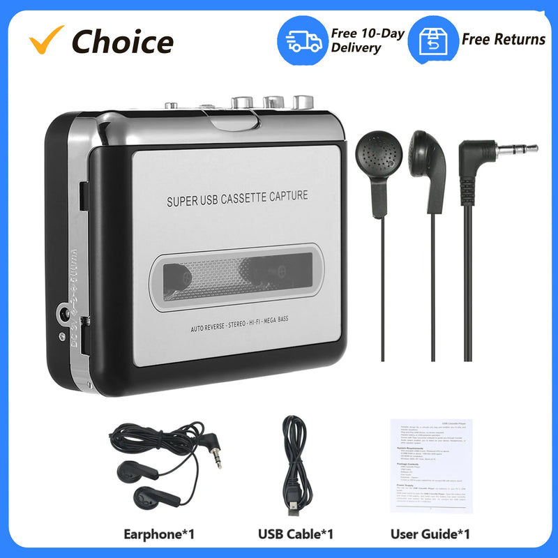 USB Cassette to MP3 Converter – Portable Tape Player with HiFi Sound, Mega Bass & Earphones