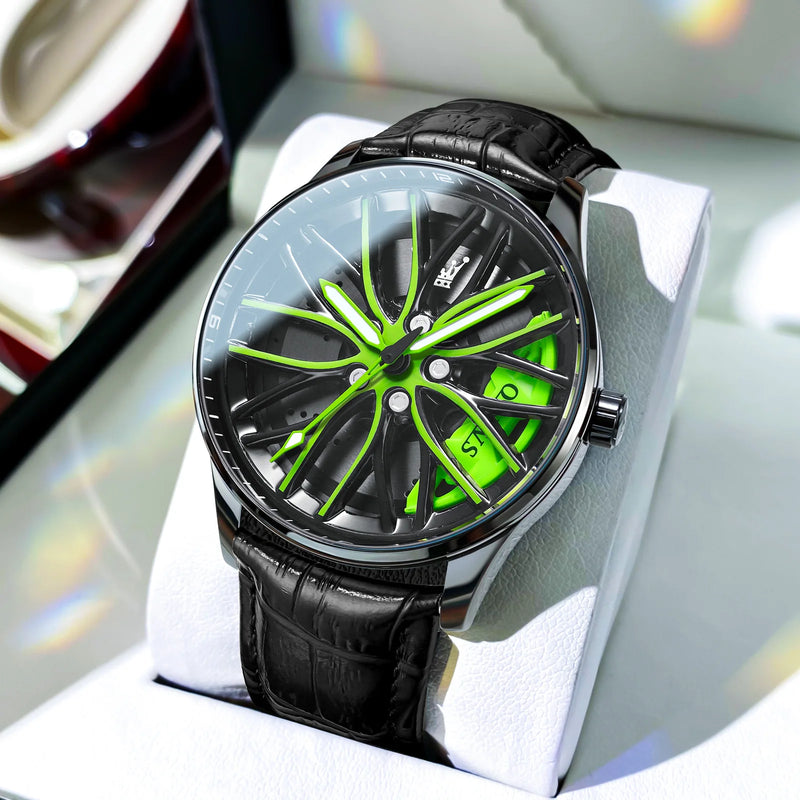 OLEVS Luxury Men's Watch – Sporty Wheel Design, Waterproof, Luminous Hands, Quartz Movement